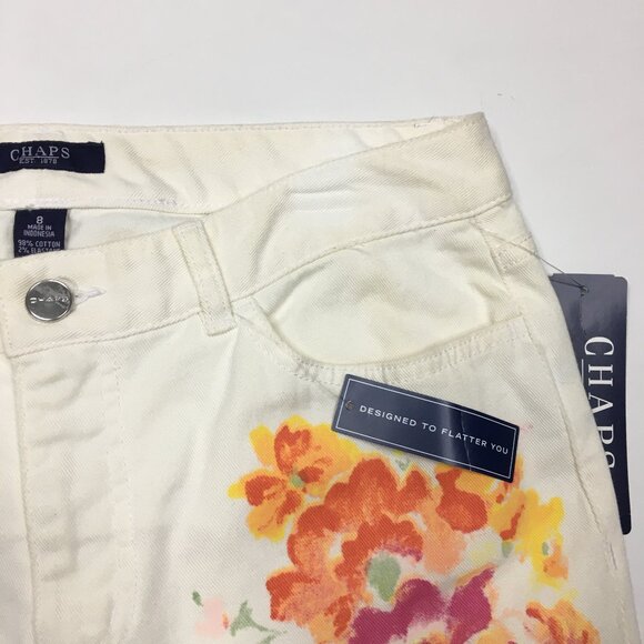NWT CHAPS 5 Pocket Ivory MultiColor Floral Print Slimming Fit Slim Ankle Jeans - Picture 5 of 14